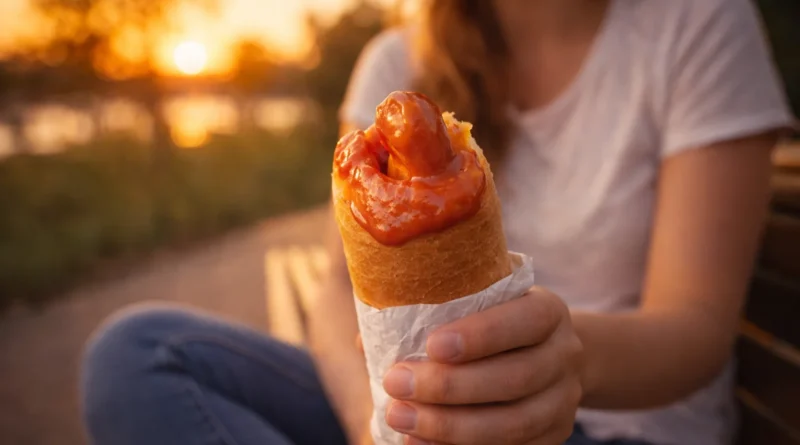 ragazza mangia una ketwurst seduta su una panchina al tramonto